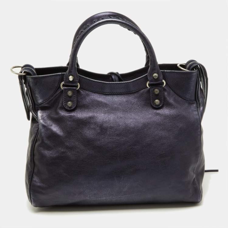 Pre Owned Balenciaga Metallic Blue Leather RH Town Tote