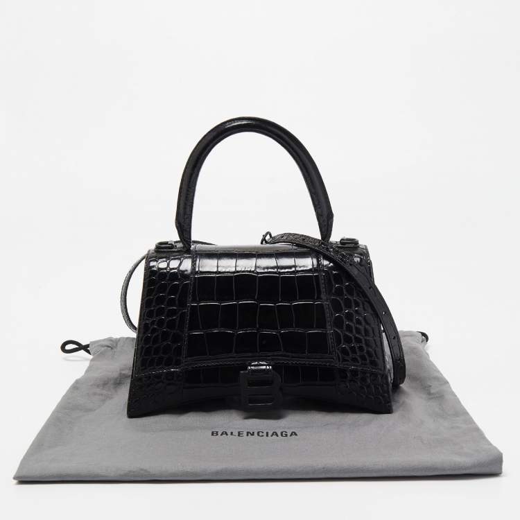 Pre Owned Balenciaga Black Croc Embossed Leather Small Hourglass Top Handle Bag