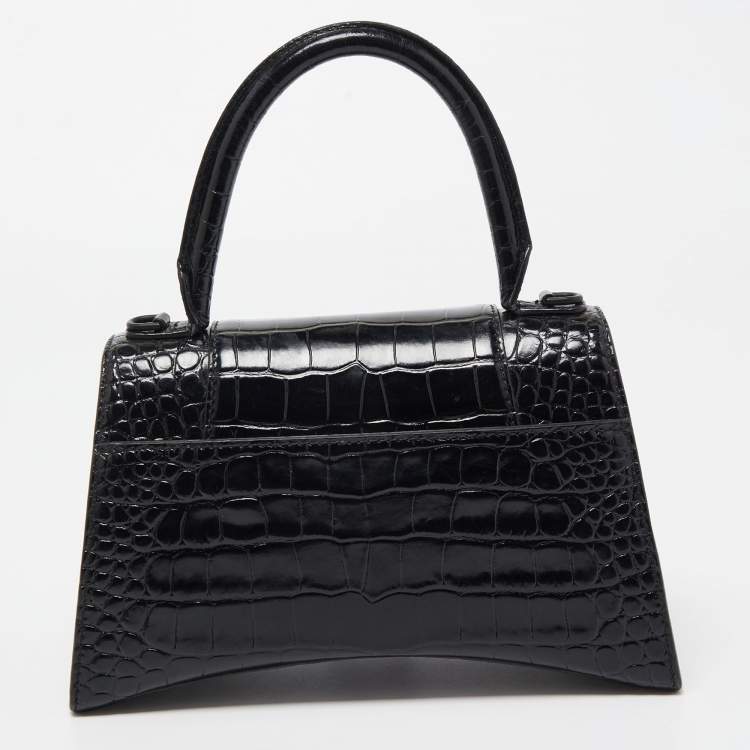 Pre Owned Balenciaga Black Croc Embossed Leather Small Hourglass Top Handle Bag