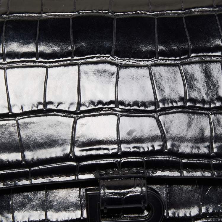 Pre Owned Balenciaga Black Croc Embossed Leather Small Hourglass Top Handle Bag