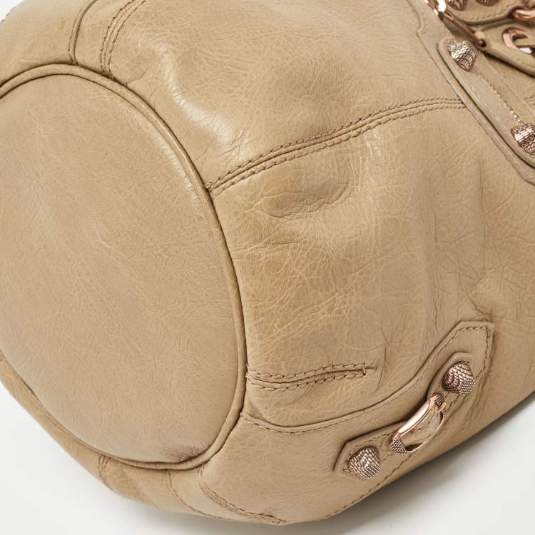 Pre Owned Balenciaga Khaki Beige Leather Mini RGH PomPon Bag