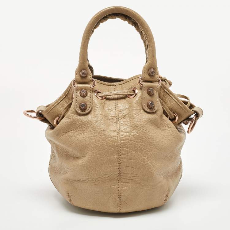 Pre Owned Balenciaga Khaki Beige Leather Mini RGH PomPon Bag