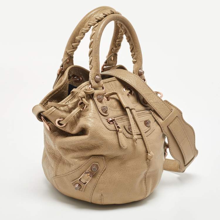 Pre Owned Balenciaga Khaki Beige Leather Mini RGH PomPon Bag