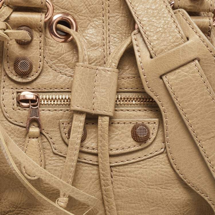 Pre Owned Balenciaga Khaki Beige Leather Mini RGH PomPon Bag