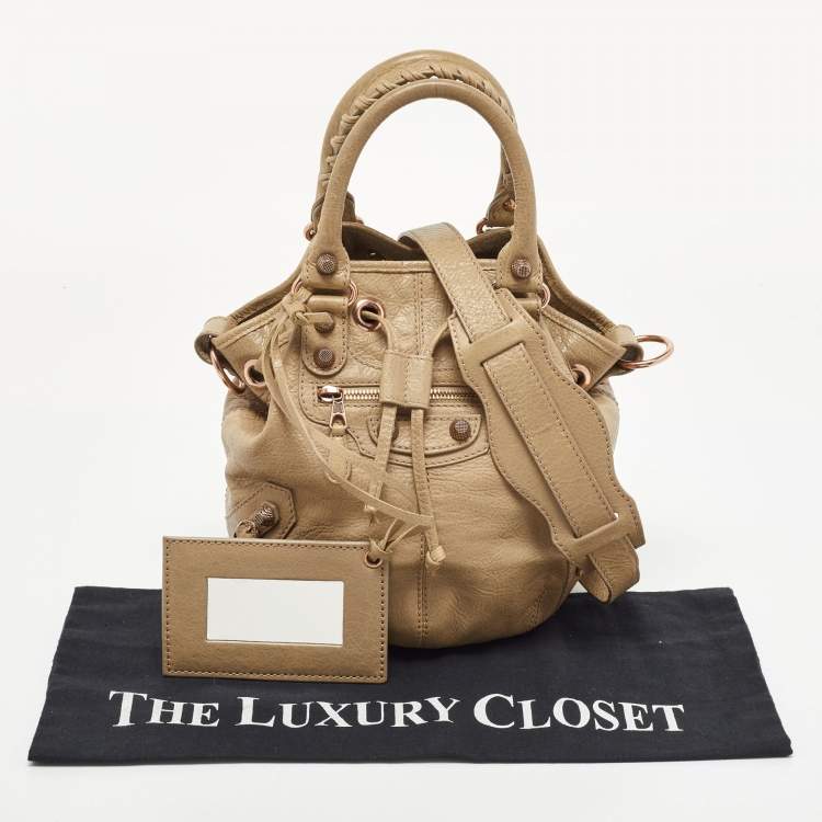 Pre Owned Balenciaga Khaki Beige Leather Mini RGH PomPon Bag