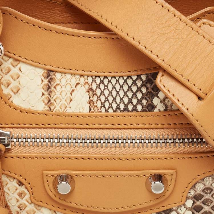 Pre Owned Balenciaga Tan/Beige Leather and Python Mini Classic City Bag