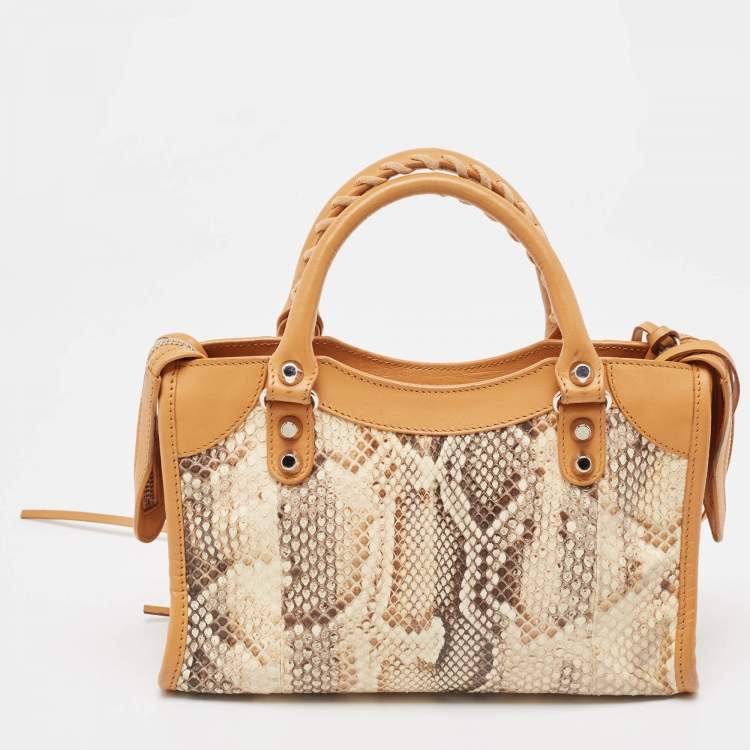 Pre Owned Balenciaga Tan/Beige Leather and Python Mini Classic City Bag