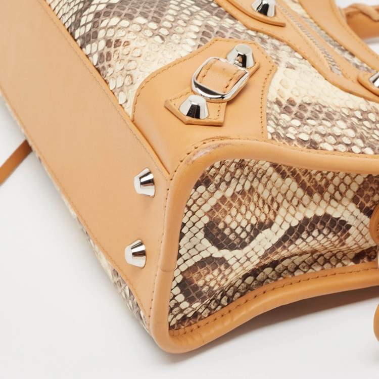 Pre Owned Balenciaga Tan/Beige Leather and Python Mini Classic City Bag