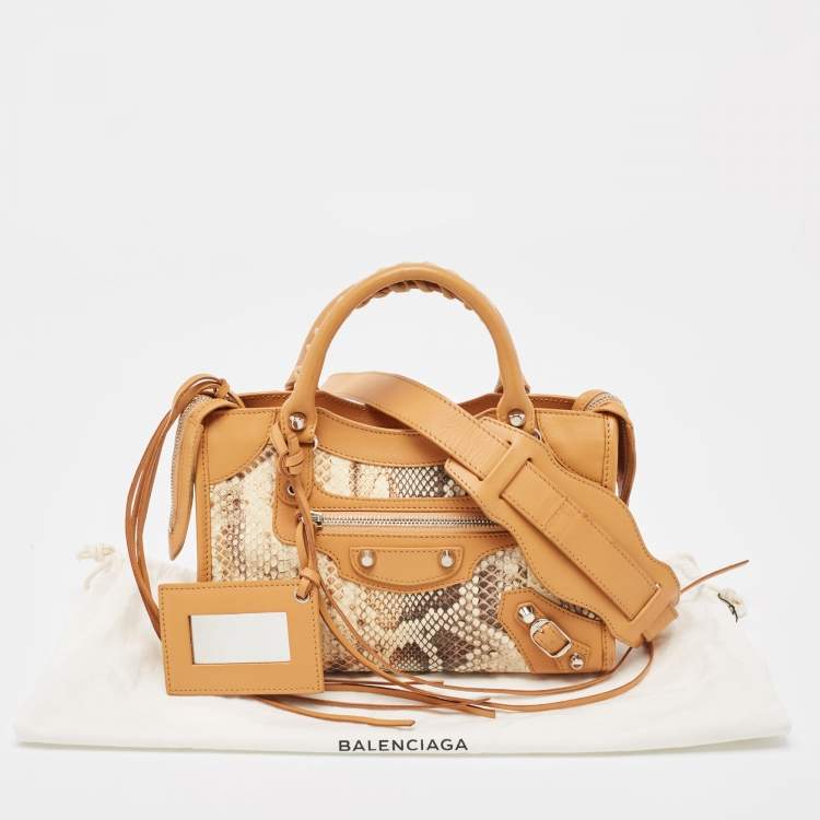 Pre Owned Balenciaga Tan/Beige Leather and Python Mini Classic City Bag