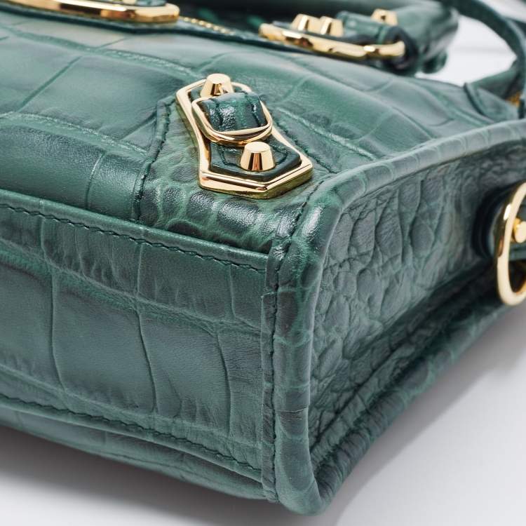 Pre Owned Balenciaga Green Croc Embossed Leather Nano Metallic Edge City Tote