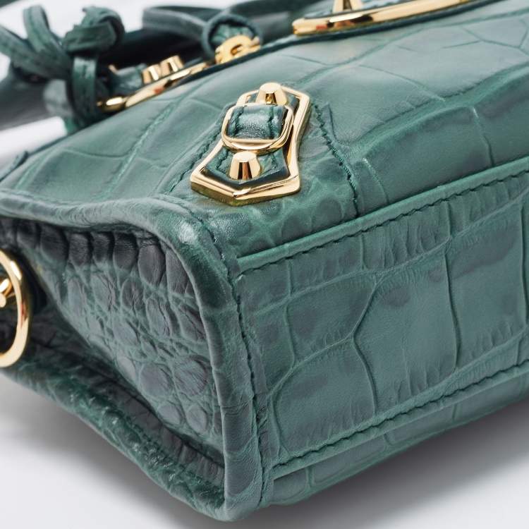 Pre Owned Balenciaga Green Croc Embossed Leather Nano Metallic Edge City Tote