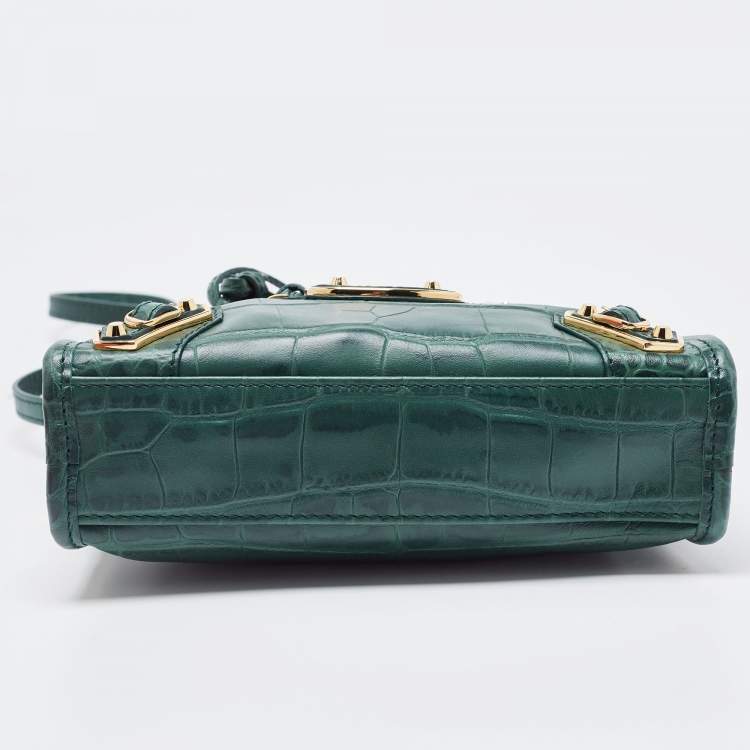 Pre Owned Balenciaga Green Croc Embossed Leather Nano Metallic Edge City Tote