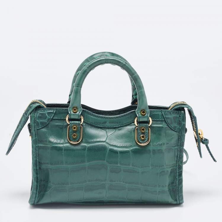 Pre Owned Balenciaga Green Croc Embossed Leather Nano Metallic Edge City Tote