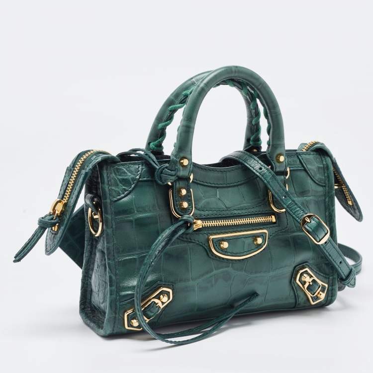 Pre Owned Balenciaga Green Croc Embossed Leather Nano Metallic Edge City Tote