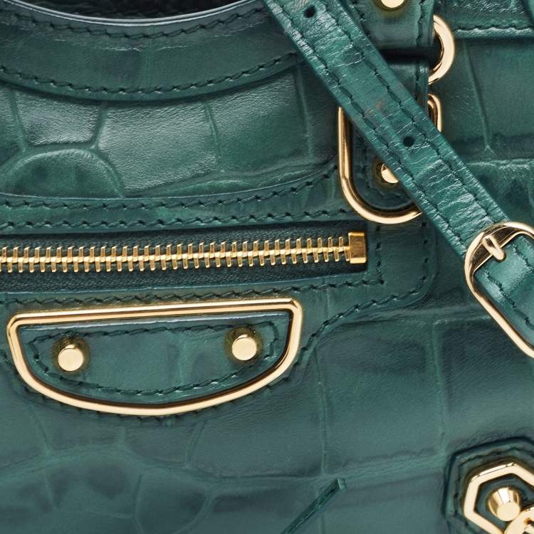 Pre Owned Balenciaga Green Croc Embossed Leather Nano Metallic Edge City Tote
