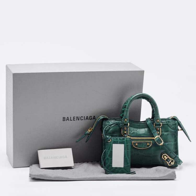 Pre Owned Balenciaga Green Croc Embossed Leather Nano Metallic Edge City Tote
