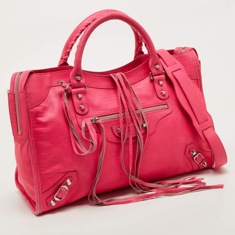 Pre Owned Balenciaga Pink Lizard Embossed Leather RH City Bag