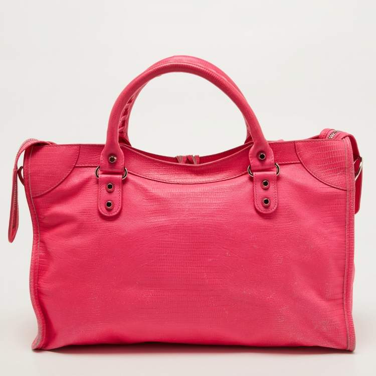 Pre Owned Balenciaga Pink Lizard Embossed Leather RH City Bag