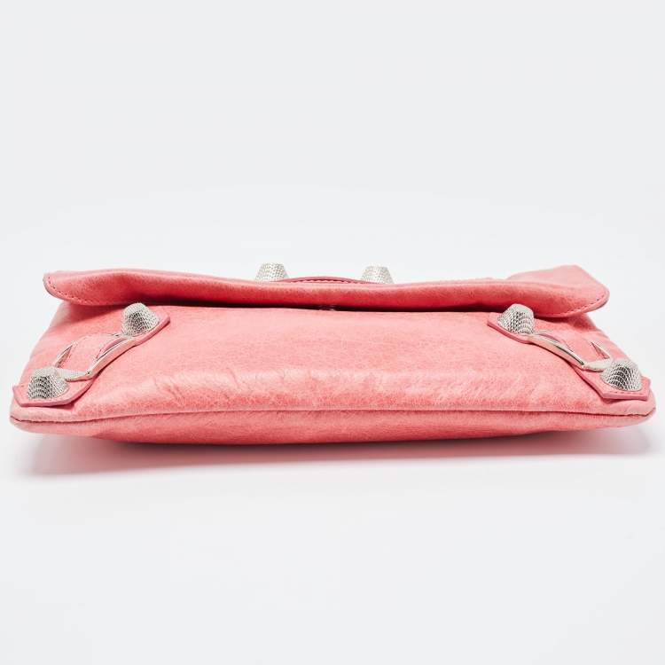 Pre Owned Balenciaga Pink Leather GSH Classic Envelope Clutch