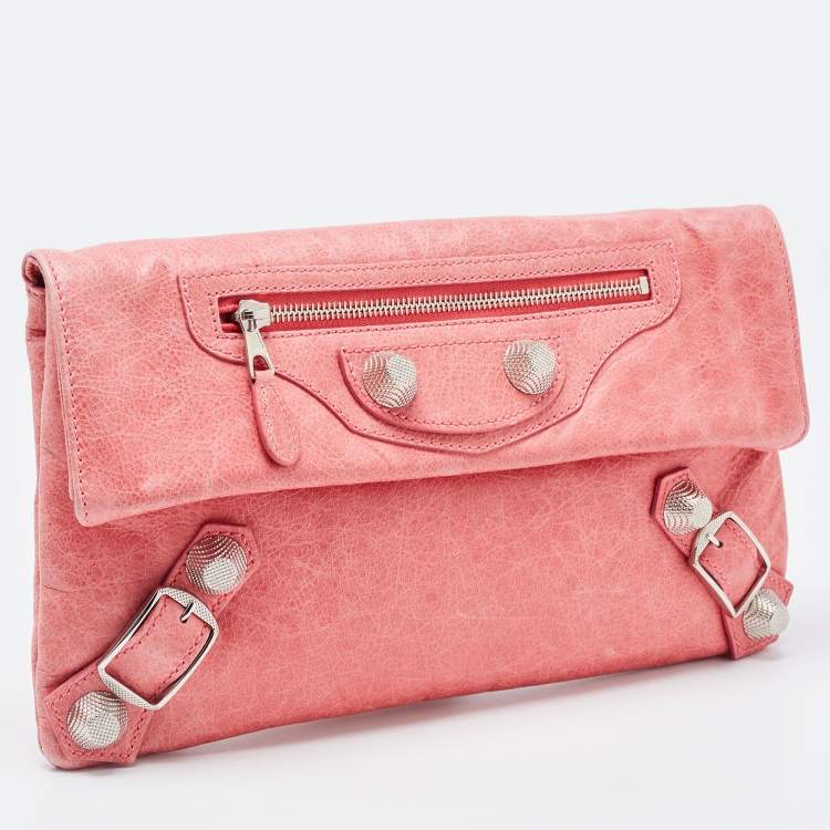 Pre Owned Balenciaga Pink Leather GSH Classic Envelope Clutch