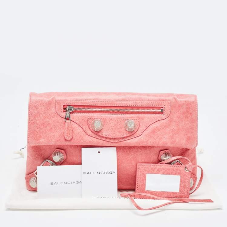 Pre Owned Balenciaga Pink Leather GSH Classic Envelope Clutch