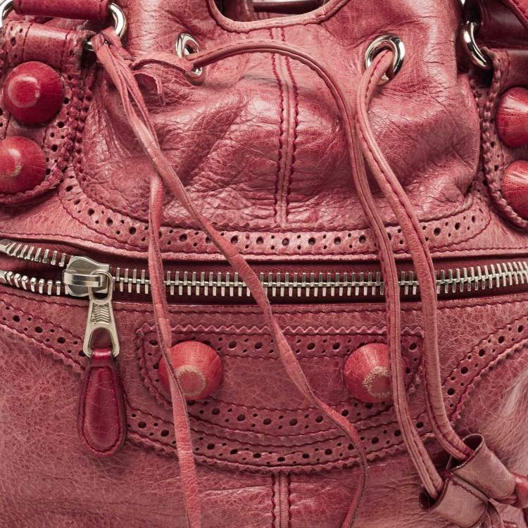 Pre Owned Balenciaga Red Leather Brogues Pompon Hobo