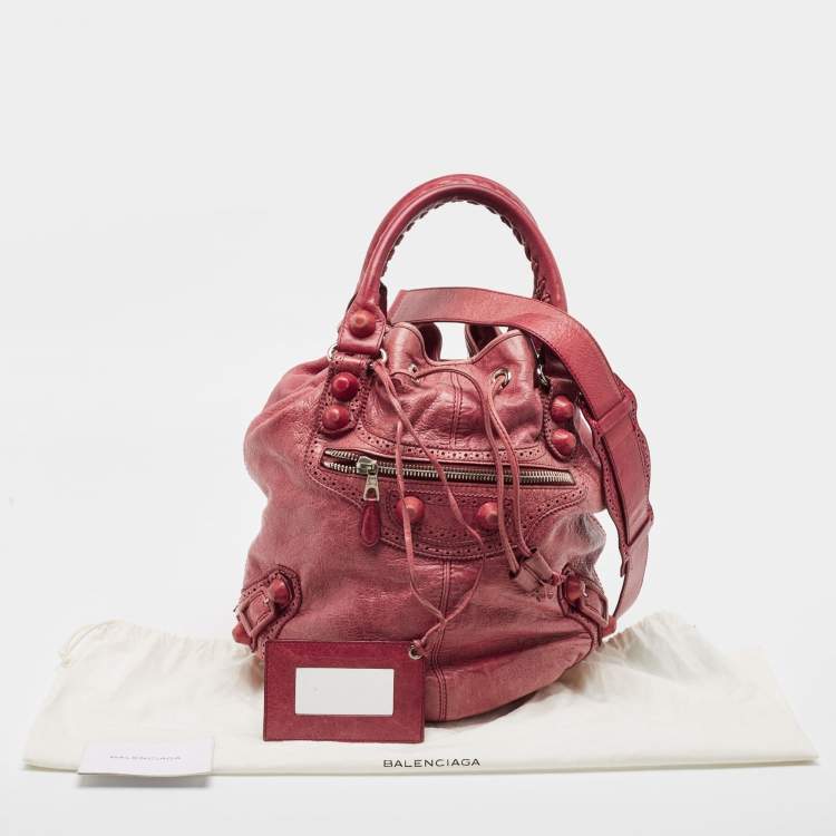Pre Owned Balenciaga Red Leather Brogues Pompon Hobo