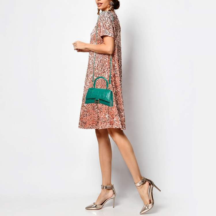 Pre Owned Balenciaga Green Croc Embossed Leather XS Hourglass Top Handle Bag