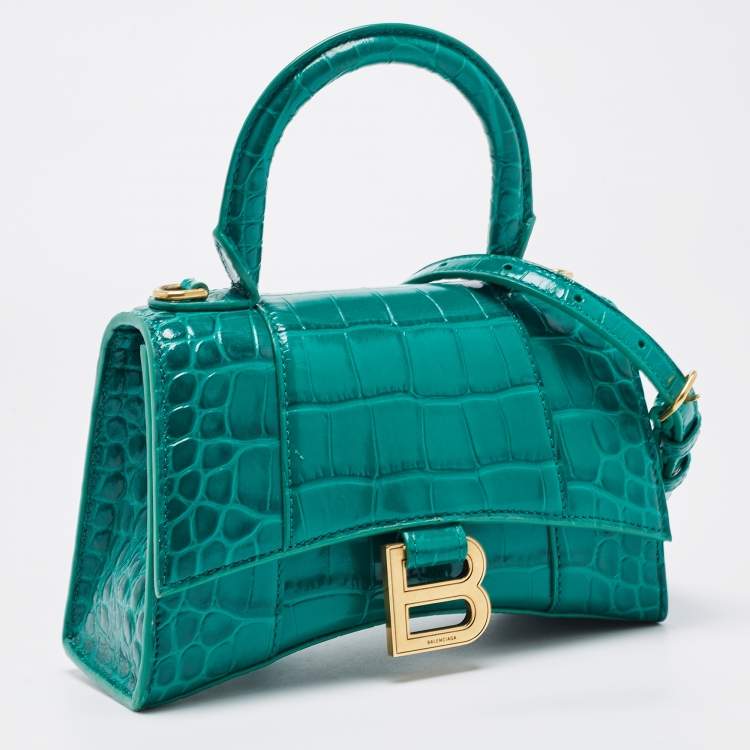 Pre Owned Balenciaga Green Croc Embossed Leather XS Hourglass Top Handle Bag
