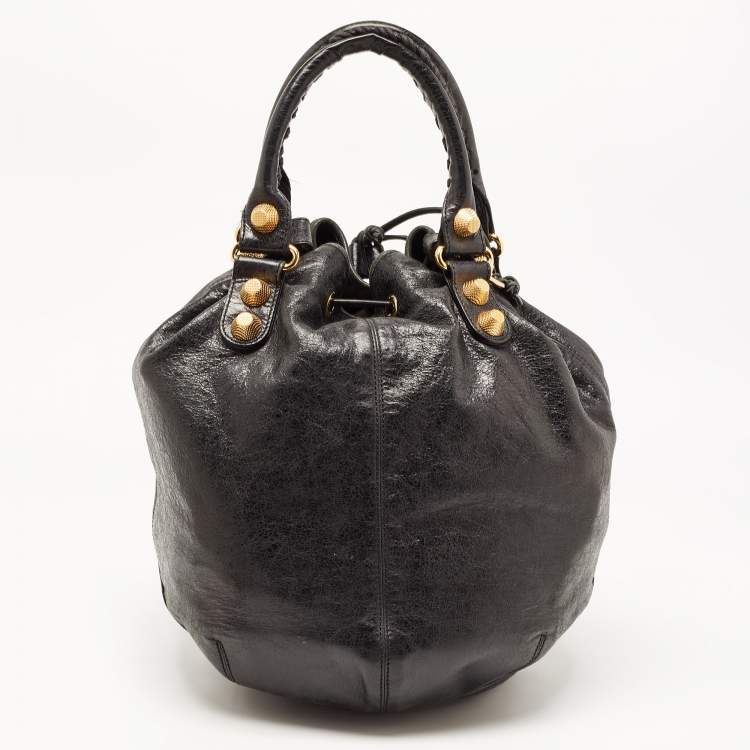Pre Owned Balenciaga Black Leather GGH PomPon Bag