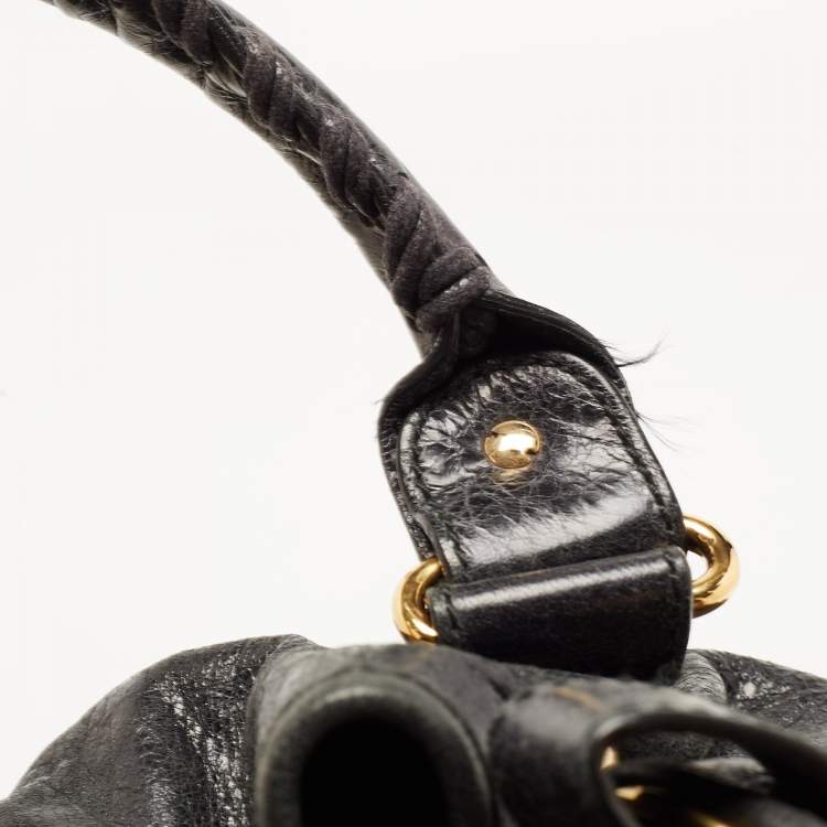 Pre Owned Balenciaga Black Leather GGH PomPon Bag