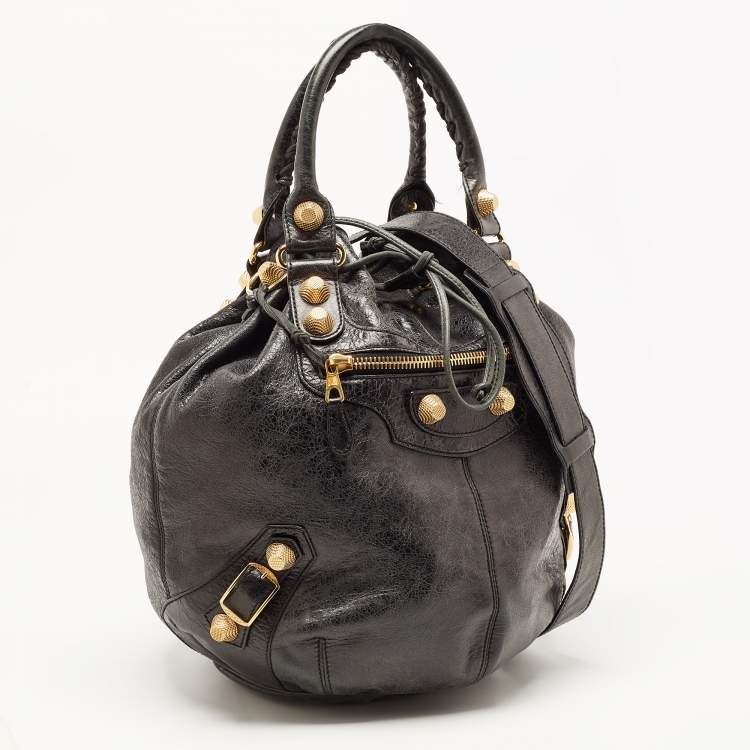 Pre Owned Balenciaga Black Leather GGH PomPon Bag