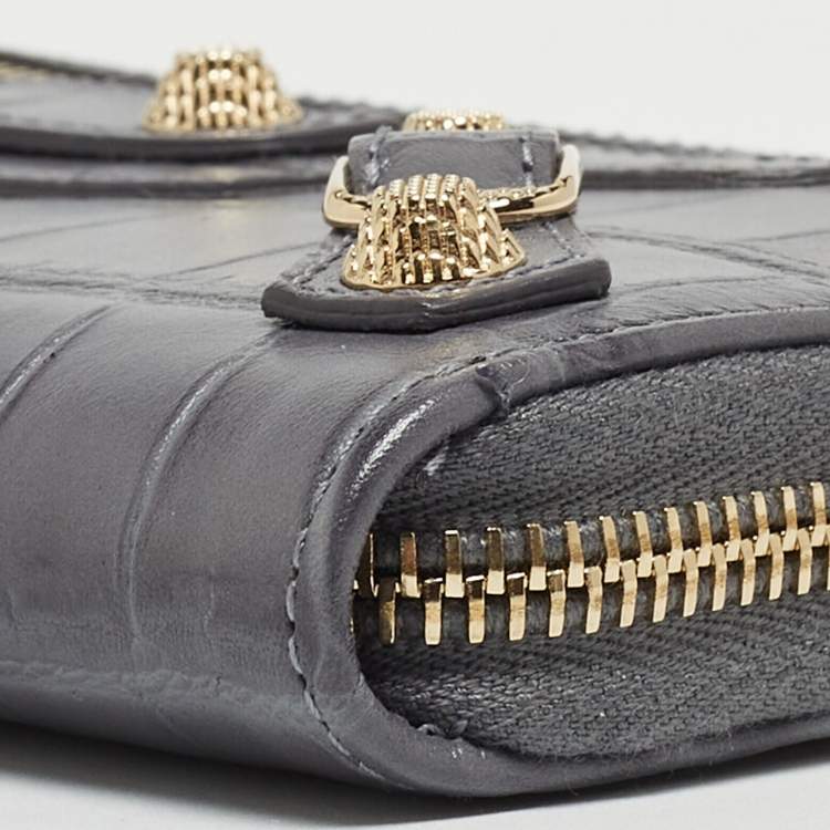 Pre Owned Balenciaga Grey Croc Embossed Leather Classic City Wallet