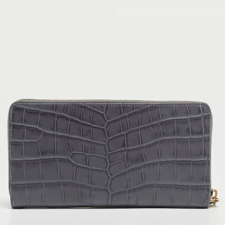 Pre Owned Balenciaga Grey Croc Embossed Leather Classic City Wallet
