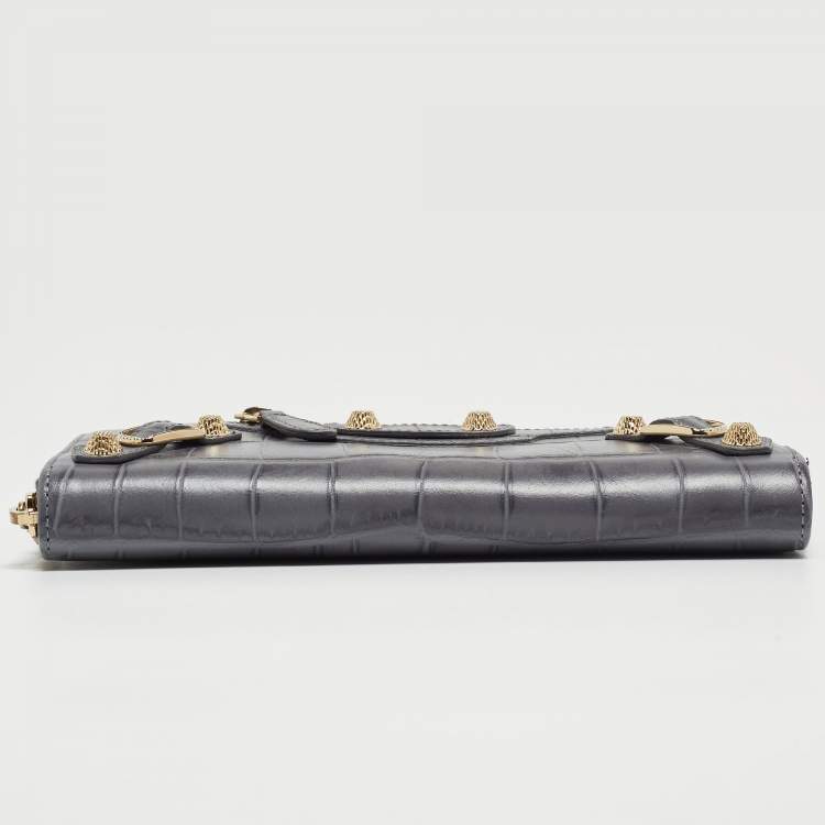 Pre Owned Balenciaga Grey Croc Embossed Leather Classic City Wallet