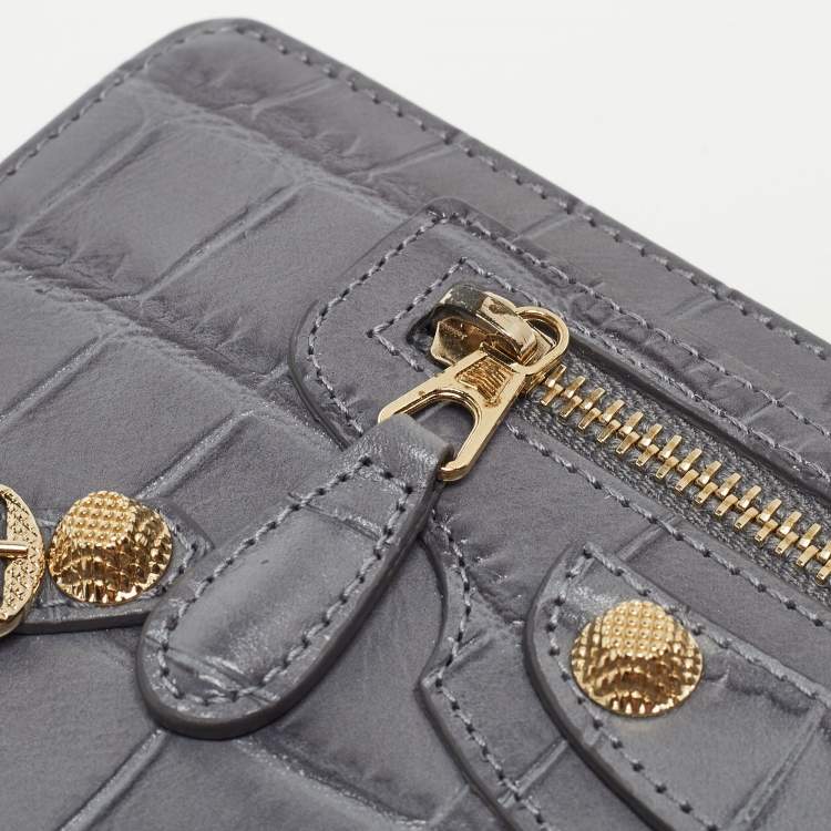 Pre Owned Balenciaga Grey Croc Embossed Leather Classic City Wallet
