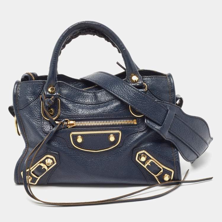 Pre Owned Balenciaga Dark Blue Leather Mini Classic City Tote
