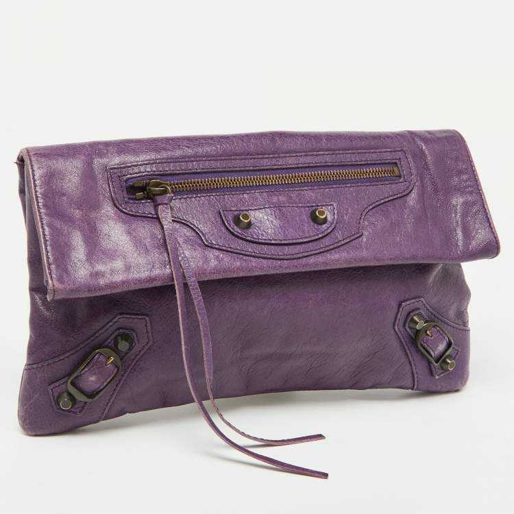 Pre Owned Balenciaga Purple Leather Classic Envelope Clutch