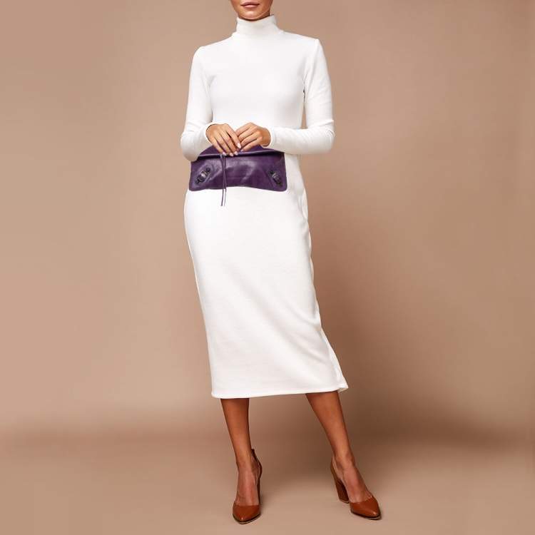 Pre Owned Balenciaga Purple Leather Classic Envelope Clutch