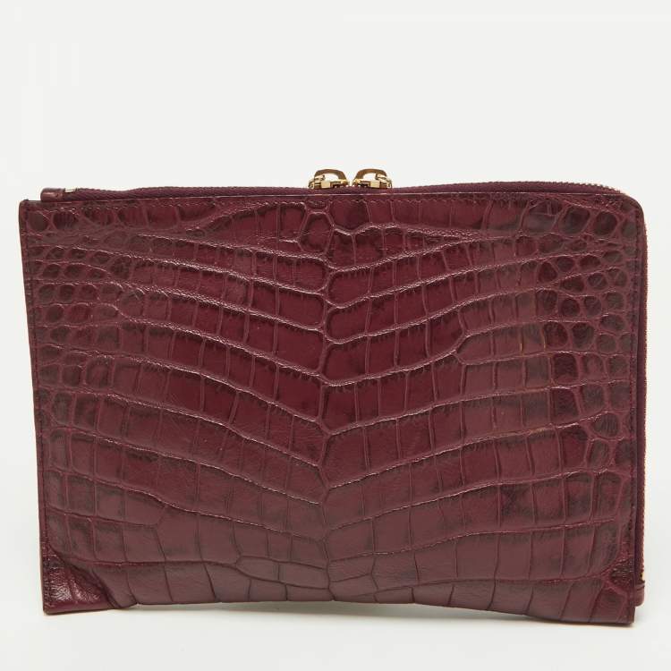 Pre Owned Balenciaga Bordeaux Croc Embossed Leather Zipper Clutch