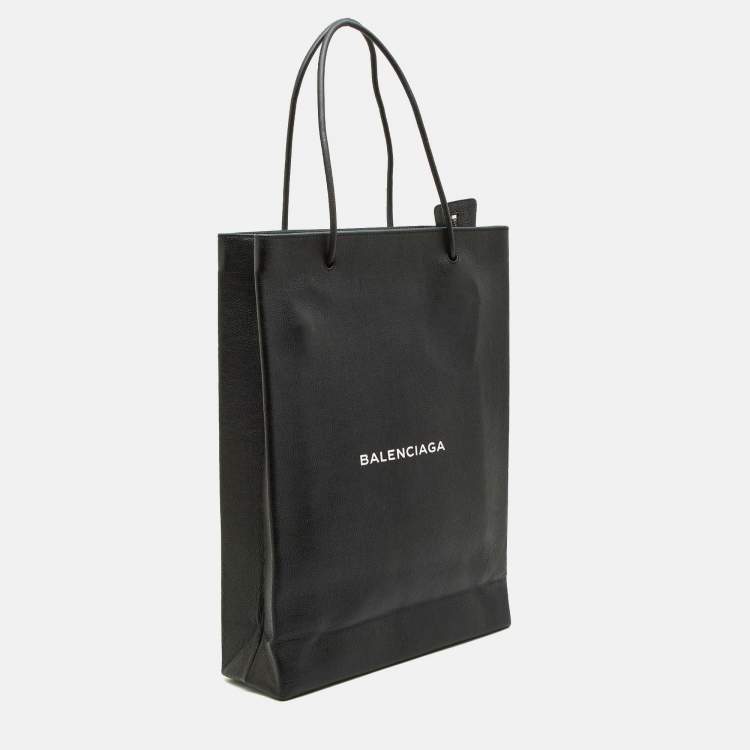Pre Owned Balenciaga Black Leather Logo Print North South Shopper Tote