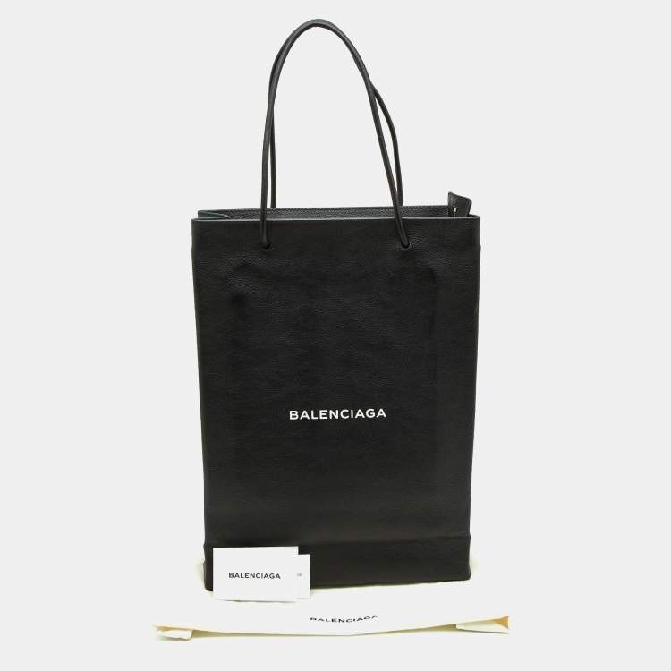 Pre Owned Balenciaga Black Leather Logo Print North South Shopper Tote