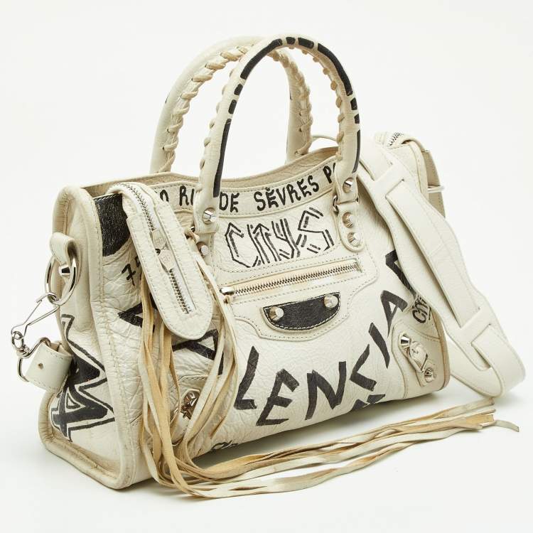 Pre Owned Balenciaga White/Black Graffiti Leather Small Classic City Bag