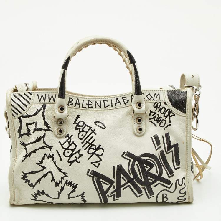 Pre Owned Balenciaga White/Black Graffiti Leather Small Classic City Bag