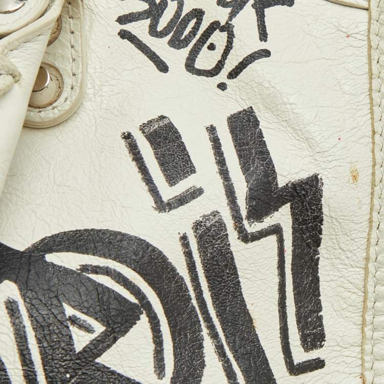 Pre Owned Balenciaga White/Black Graffiti Leather Small Classic City Bag