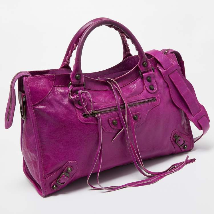 Pre Owned Balenciaga Purple Leather Motorcycle City Bag