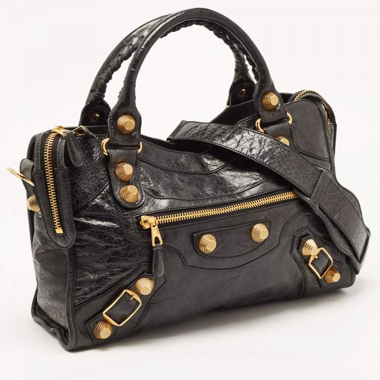 Pre Owned Balenciaga Black Leather GSH City Tote