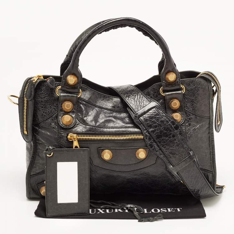 Pre Owned Balenciaga Black Leather GSH City Tote