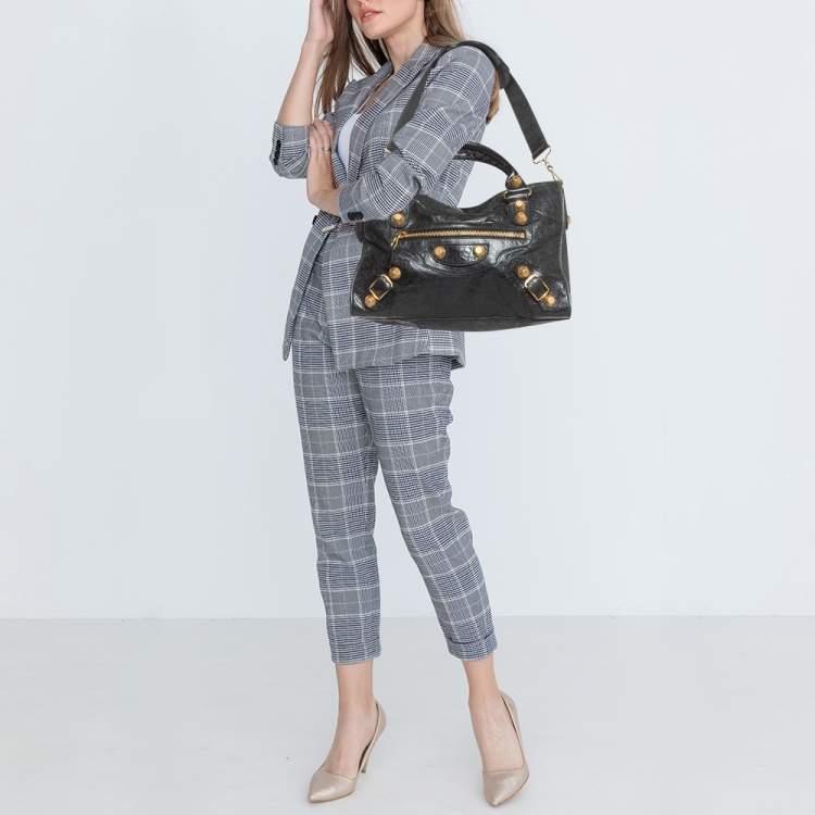 Pre Owned Balenciaga Black Leather GSH City Tote