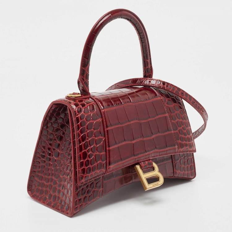 مملوكة مسبقًا Balenciaga Burgundy Croc Embossed Leather Small Hourglass Top Handle Bag